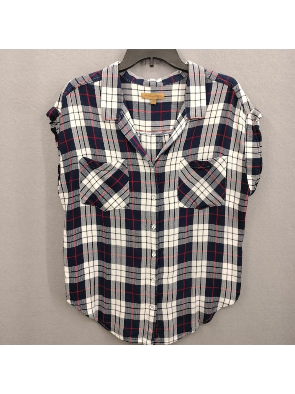 Jachs Girlfriend Blouse Womens M Shirt Plaid Button Up Blue Short Sleeve Casual